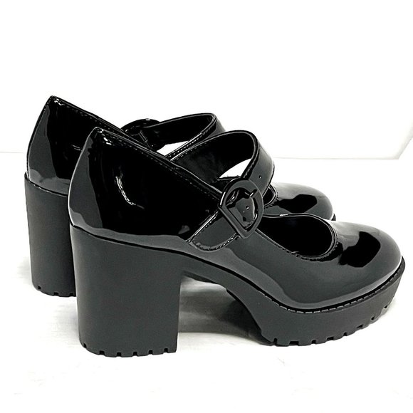 New Black Patent Mary Jane Platform Chunky Heel Pumps - Picture 4 of 5
